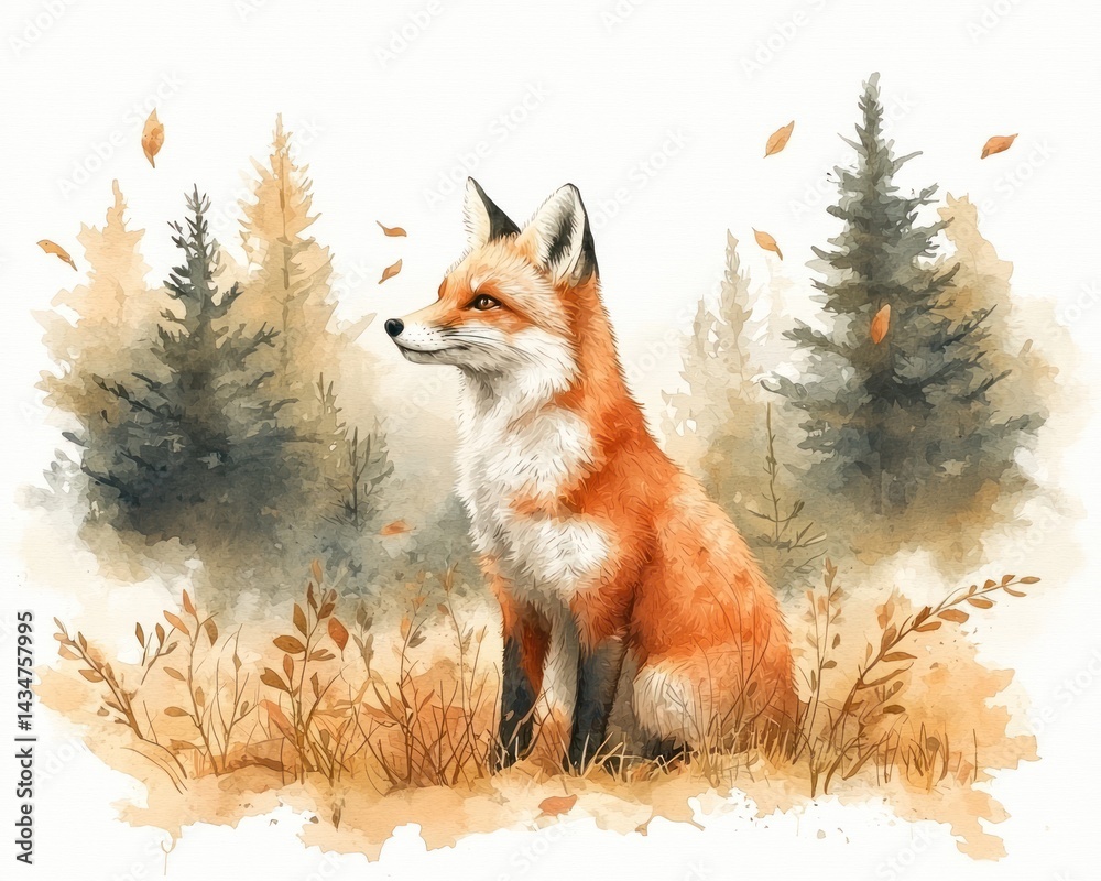 Fototapeta premium Majestic red fox sitting gracefully among autumn foliage in a serene forest