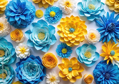 Blue Yellow Paper Flowers Abstract Background -  White Floral Photography