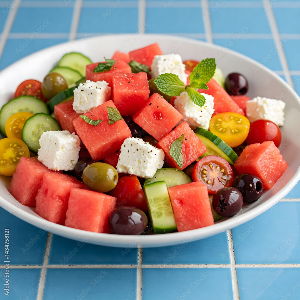 A white bowl of Greek watermelon salad sits on a blue tiled surface