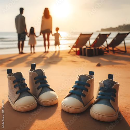 Two pairs of children's shoes sit on a sandy beach at sunset with a family in the background