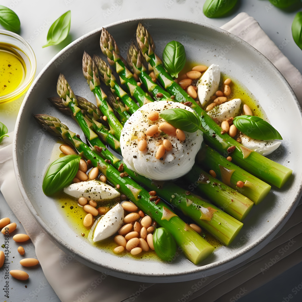 A plate of grilled asparagus is served with burrata cheese, pine nuts, and basil, drizzled with oil