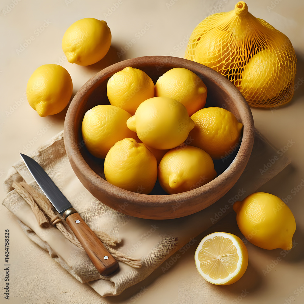 A wooden bowl overflows with bright yellow lemons next to a knife and a mesh bag of lemons