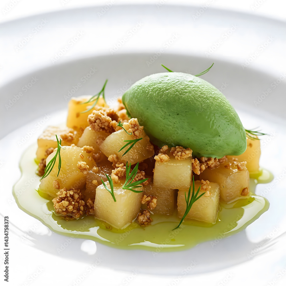 Diced melon is topped with green sorbet, granola, and dill on a white plate with a light sauce