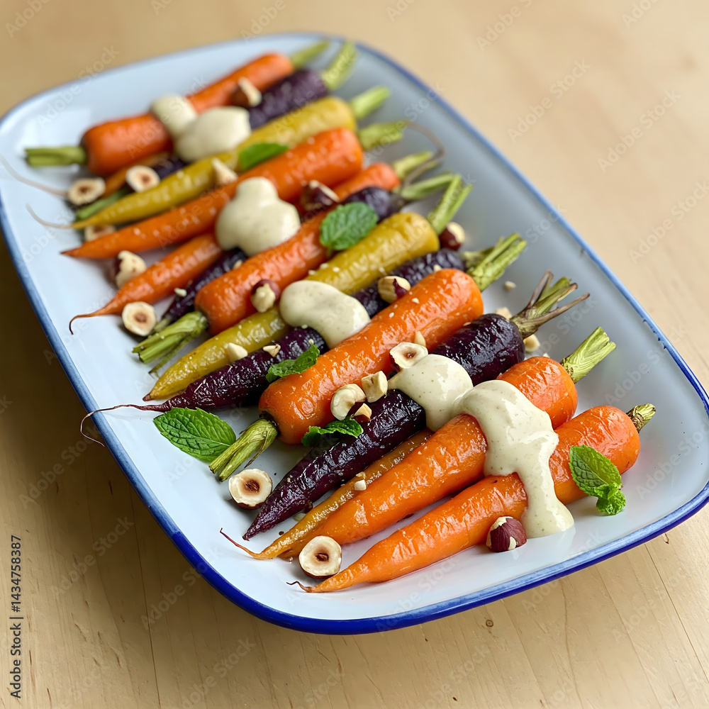 A rectangular plate holds roasted multicolored carrots topped with a creamy sauce, nuts, and mint