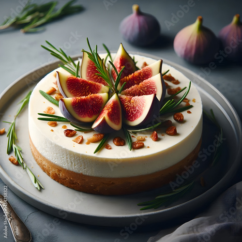 A layered cheesecake is decorated with fresh figs and rosemary sprigs on a round plate