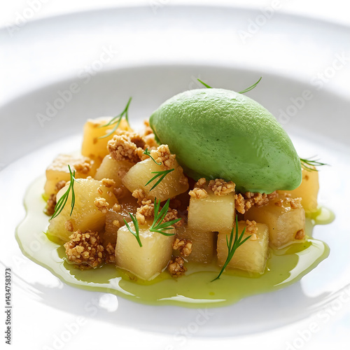 Diced melon is topped with green sorbet, granola, and dill on a white plate with a light sauce