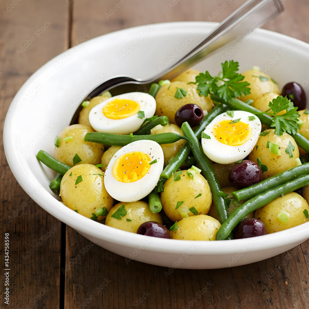 A white bowl contains potato salad with green beans, halved eggs, and olives, garnished with parsley