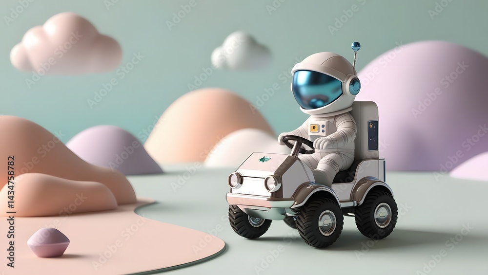 A cute low-poly 3D render of a miniature astronaut inside a tiny rover, driving across a soft pastel-colored planet2 A cute low-poly 3D render of a miniature astronaut inside a tiny rover, driving across a soft pastel-colored planet2
