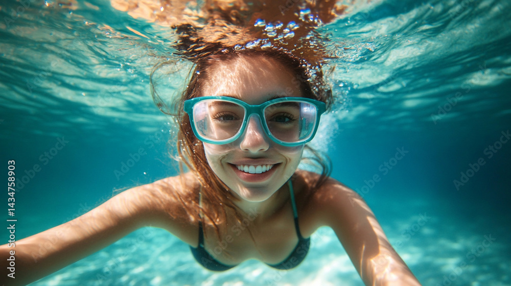 Fototapeta premium A cute women Swimming and under water photo illustration. Ai generated.