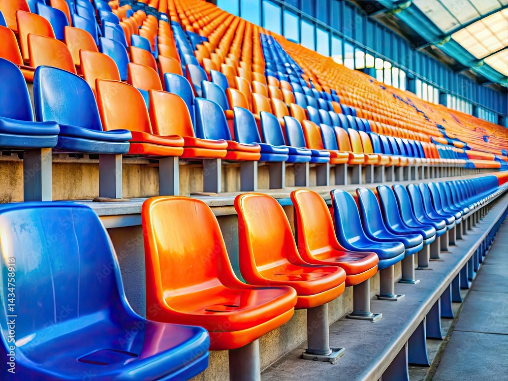 Fototapeta premium Grandstand Seating: Vibrant Orange & Blue Stadium Chairs, Row of Seats, Empty Bleachers, Event Seating, Outdoor Stadium, Colorful Chairs, Sport Venue, Spectators Seating