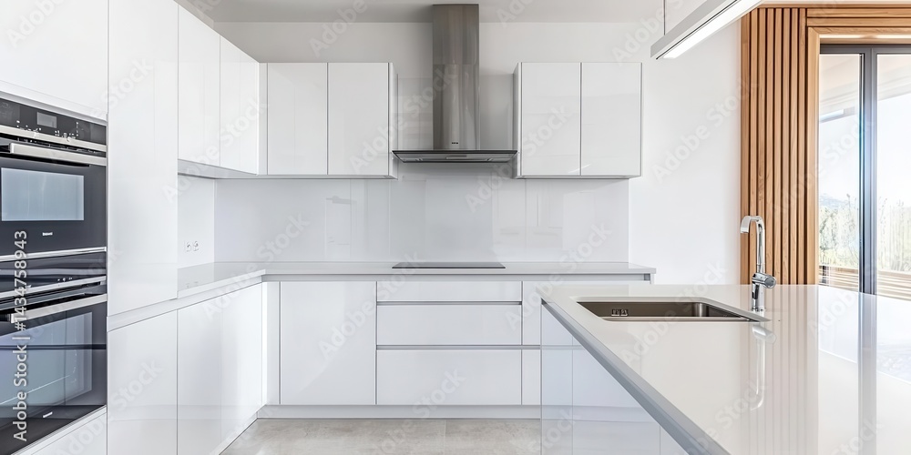 Fototapeta premium Modern White Kitchen Interior Design with Stainless Steel Appliances and Island