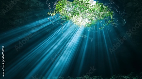 Stunning Sunbeams Filtering Through Cave Opening Illuminating Natural Beauty and Vibrant Foliage in Realistic Photography