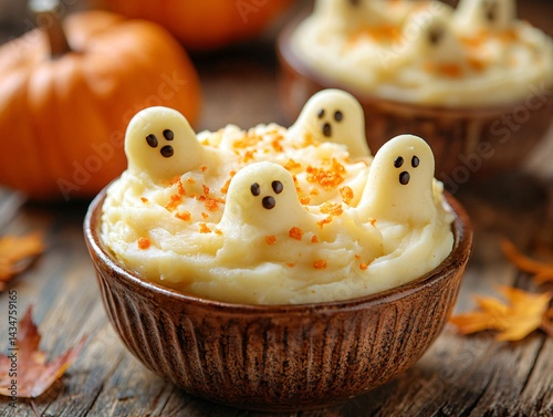 Halloween-themed mashed potatoes with ghostly decorations cozy kitchen food art festive atmosphere
