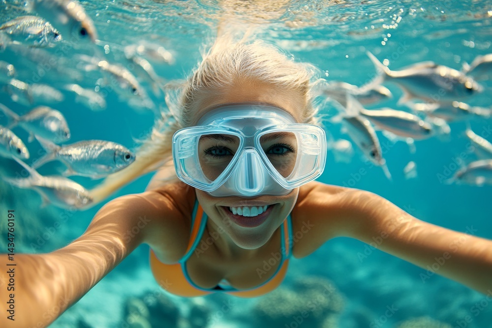 Naklejka premium Bright commercial style image. Sea adventure for tourists. Golden sunlight on the sea. A dense school of silver fish swims next to her. Girl exploring underwater world. Crystal clear ocean vi.