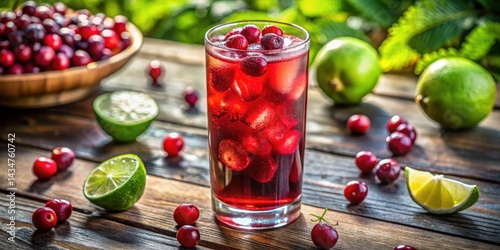 Aerial View Cranberry Juice Summer Drink Photography: Refreshing Beverage, Sunny Table, Ice, Lime, Cranberries