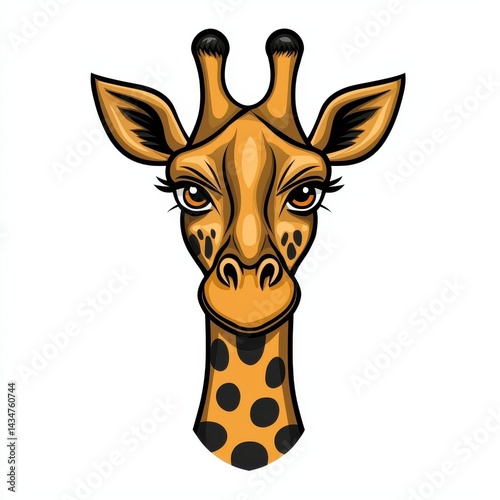 Cartoon illustration of a giraffe's head and neck with large expressive eyes and dark brown spots photo