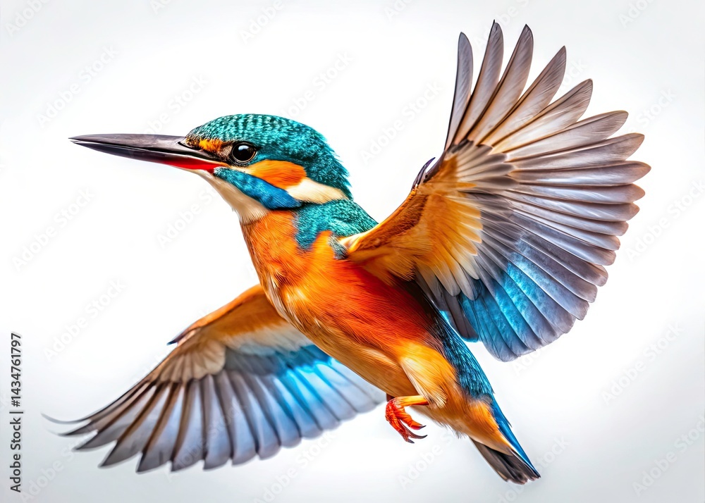 Fototapeta premium Colorful Kingfisher Bird in Flight, White Background - Stunning Wildlife Photography