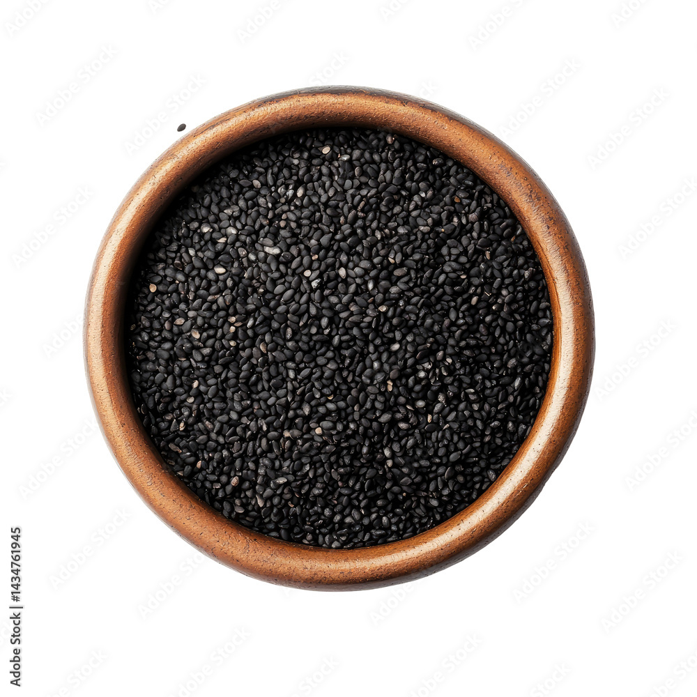 Black sesame seeds in a wooden bowl, ideal for cooking and garnishing, offering a rich flavor and nutritional benefits. on transparent background