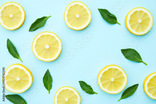 sliced lemons and mint leaves on a blue background