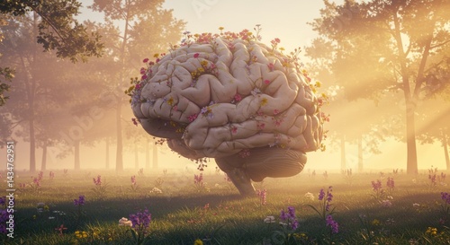Brain with Flowers Growing in a Lush Field with Sunlight Rays