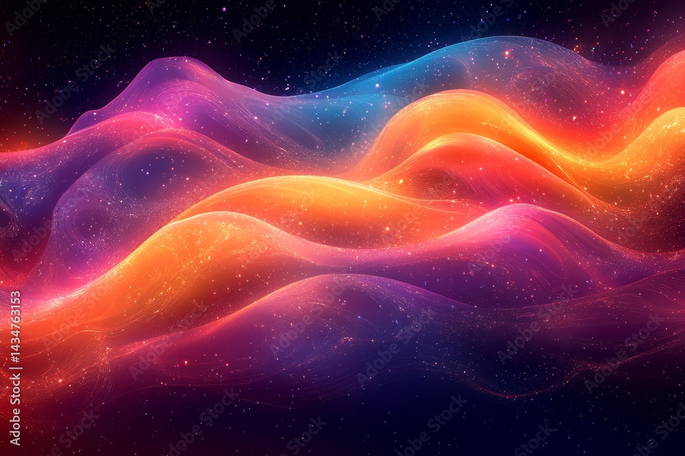 Abstract cosmic waves, vibrant colors, glittering particles, dark background, digital art Abstract cosmic waves, vibrant colors, glittering particles, dark background, digital art