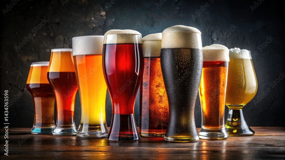 Craft Beer Tasting: Assorted Beer Styles, Dark Background, Copy Space Craft Beer Tasting: Assorted Beer Styles, Dark Background, Copy Space