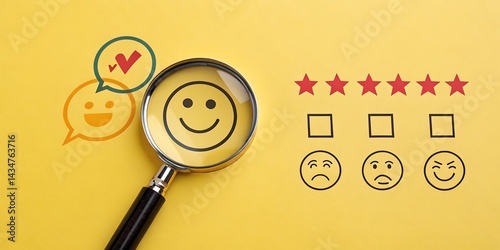 A yellow background with feedback icons, a magnifying glass, and star rating symbols displayed