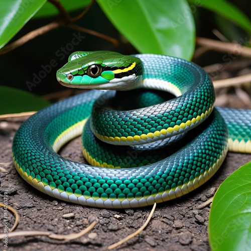 An oriental whipsnake readily attacks animals that approach its territory. This exotic reptile has the scientific name Ahaetulla prasina. photo