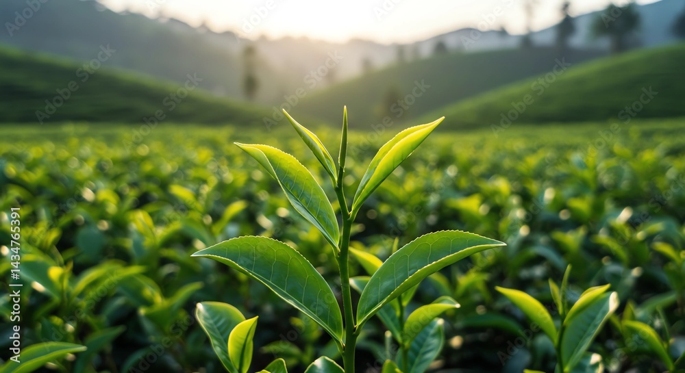 Fototapeta premium Tea Plantation Sunrise, Sunrise over a lush green tea plantation., Generative AI