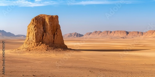 Majestic Desert Rock Formation under a Clear Sky Vast Expanse of Sand and Mountains in the Background