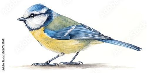 Watercolor painting of a blue tit bird standing on a white background in a detailed illustration