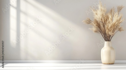 Minimalist, beige aesthetic interior scene with dried pampas grass in a vase. Soft sunlight casts shadows on the wall