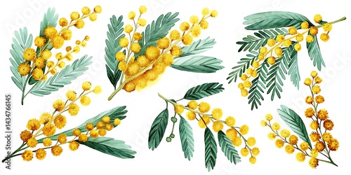Watercolor illustration of mimosa flowers with green leaves on a white background in different arrangements