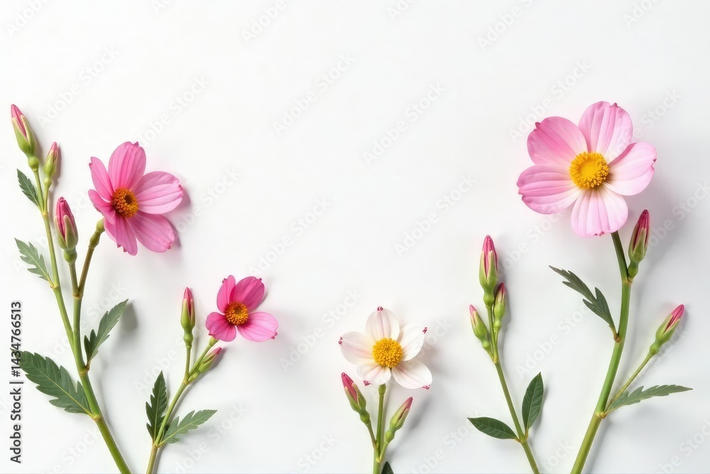 Fototapeta premium Delicate, small-scale floral sprigs on white background, bud, retro