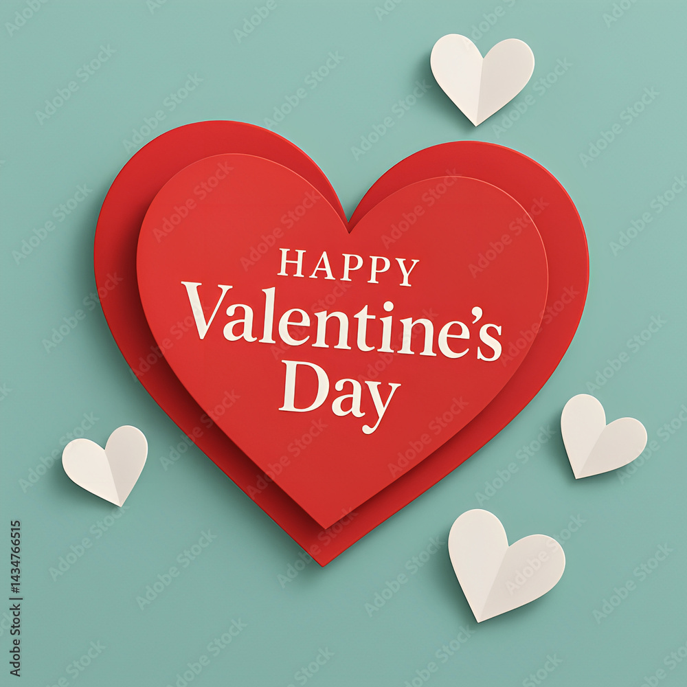 Valentine's Day greeting card, large red heart, white paper hearts,
