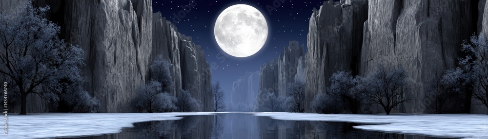 Naklejka premium A serene moonlit landscape with cliffs and a reflective water surface.