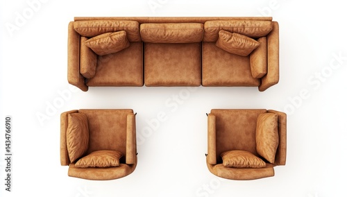 Brown Sofa and Chairs Set Top View on White