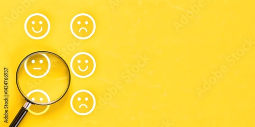 Magnifying glass focusing on neutral face among happy and sad faces on yellow background