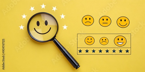 Customer satisfaction feedback concept with magnifying glass and rating stars on yellow background