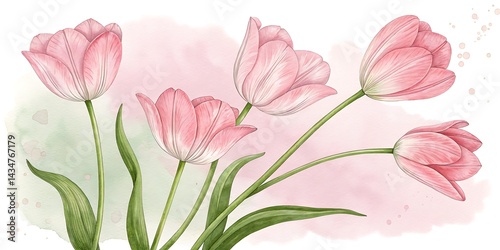 Watercolor illustration of five pink tulips with green stems on a light background art painting