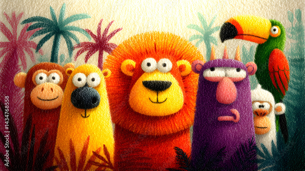 Fototapeta premium Whimsical jungle creatures cartoon illustration with vibrant textured surface