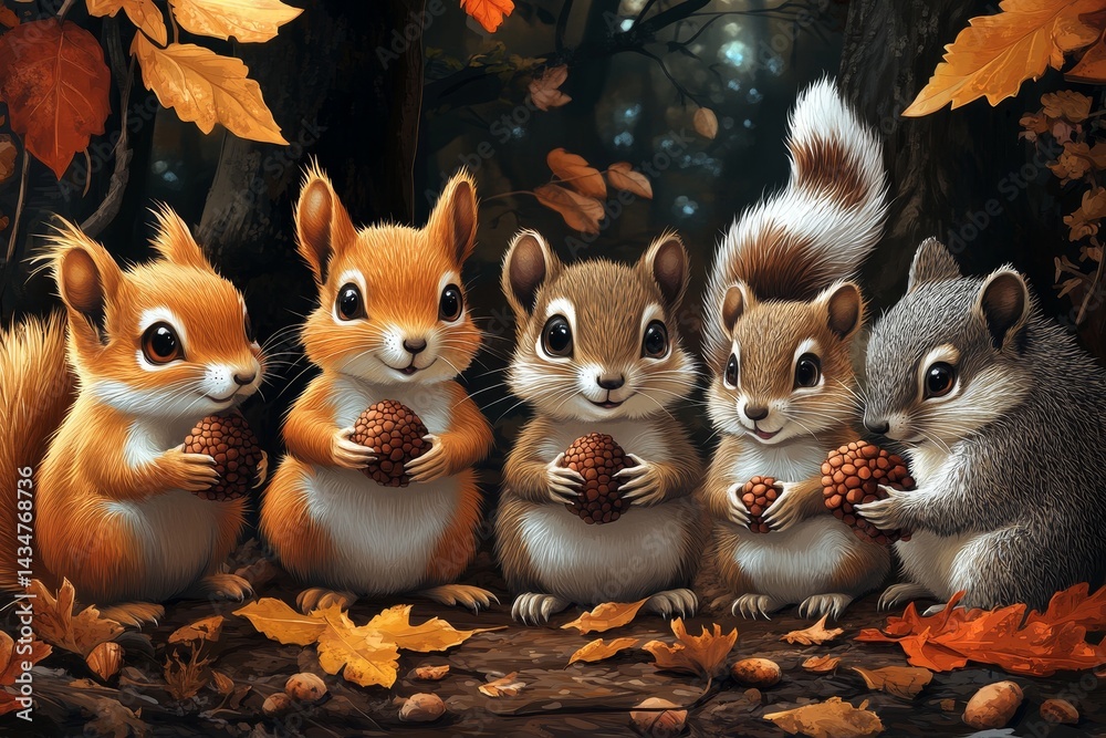 Four cute squirrels autumn forest gathering nuts Four cute squirrels autumn forest gathering nuts