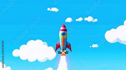 4k flat animation of cartoon rocket ship flying upward with colorful exhaust through whimsical cloudy sky