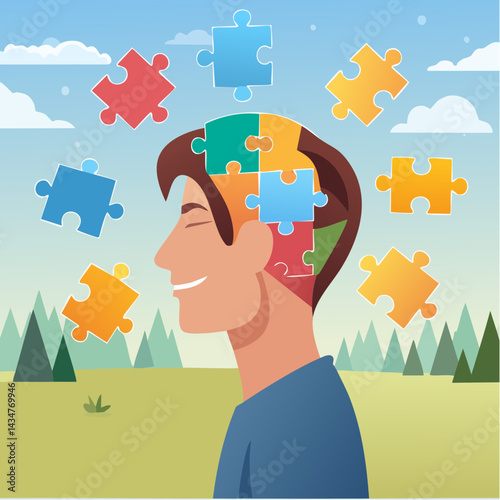Puzzle pieces floating around a head, slowly coming together.

