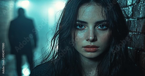 A woman with wet hair stands in a foggy alley, while a shadowy figure looms behind her