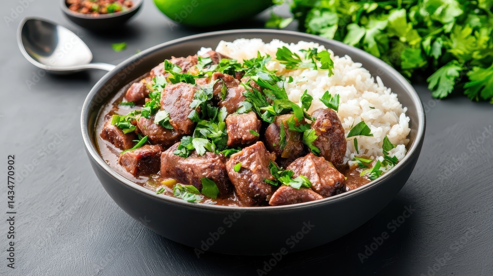 Savory Bowl of Beef and Rice Garnished with Fresh Vegetables and Spoon Savory Bowl of Beef and Rice Garnished with Fresh Vegetables and Spoon