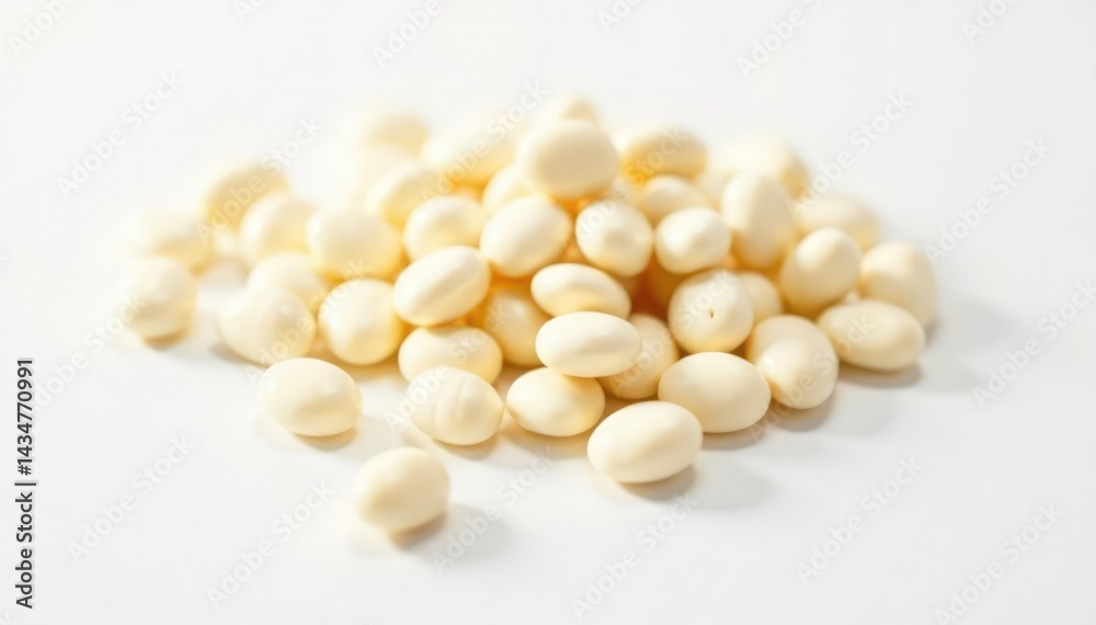 Scattered white beans on pristine white background, simple, ingredient, rural Scattered white beans on pristine white background, simple, ingredient, rural