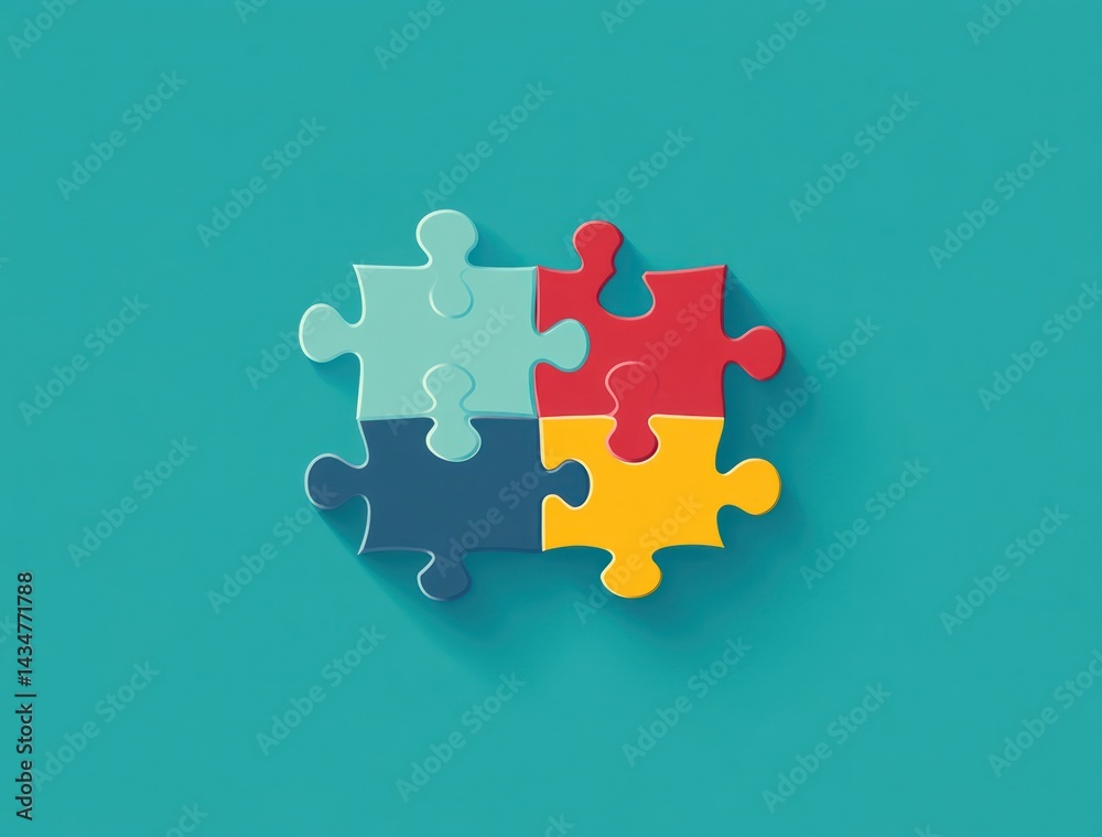 Colorful jigsaw puzzle pieces coming together on a teal background. Conceptual unity Colorful jigsaw puzzle pieces coming together on a teal background. Conceptual unity