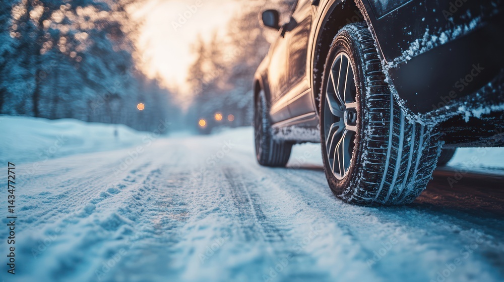 Vehicle navigating a tranquil winter landscape with snow tires for safety