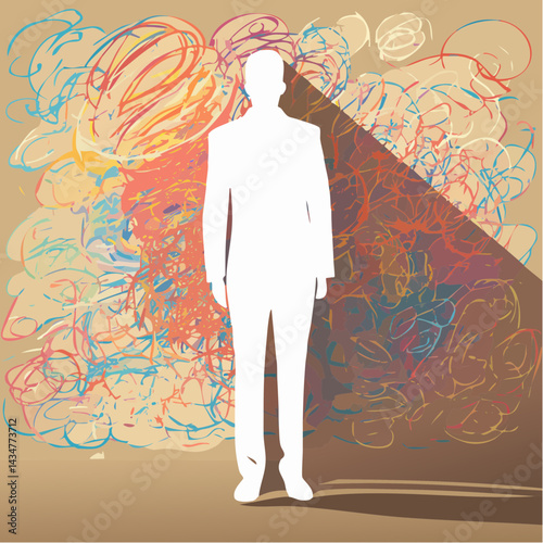 A person’s shadow filled with chaotic scribbles, while the person stands calmly.

